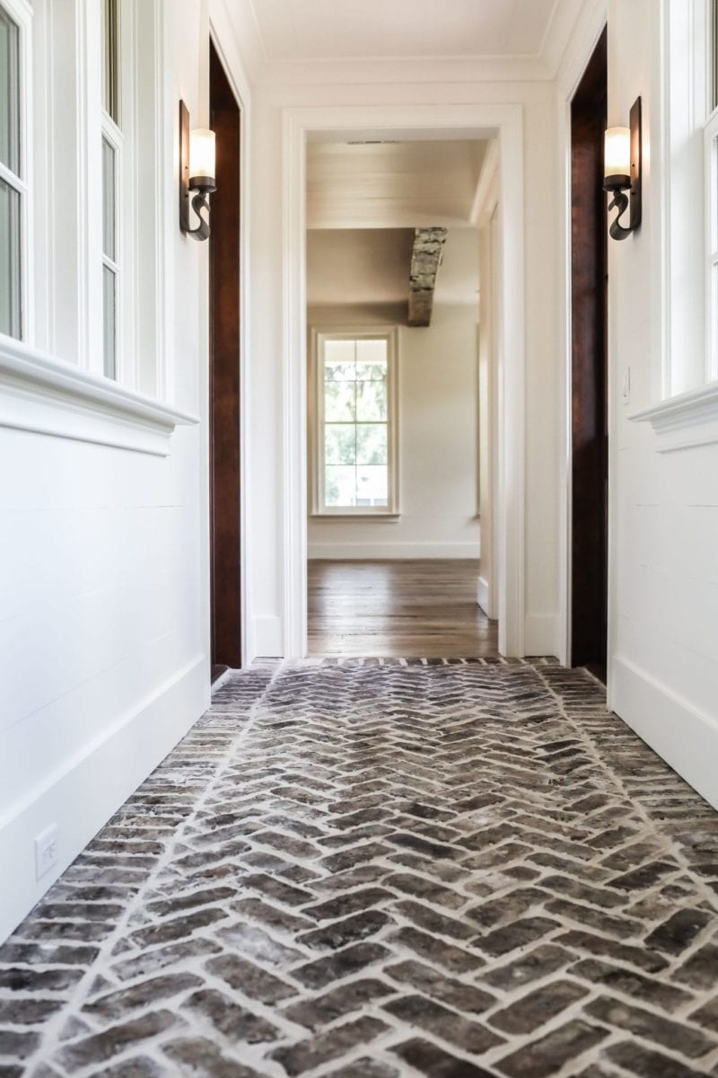 Brick floors in Grant Ford Plantation home with chevron pattern